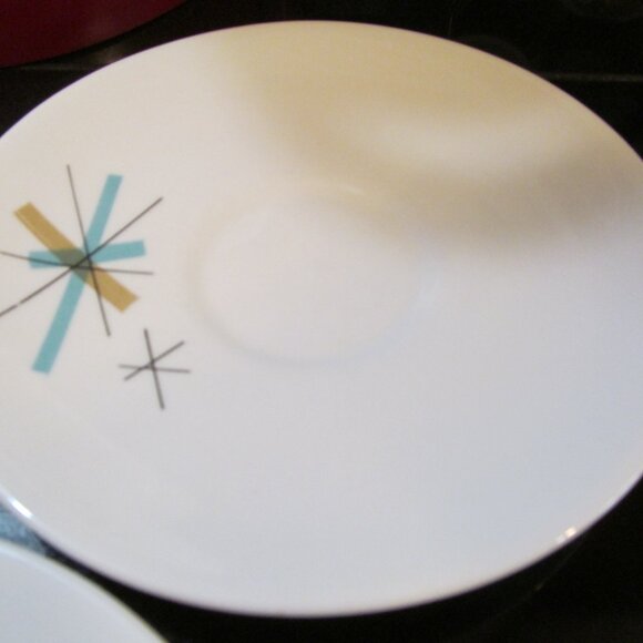 5 Vintage MCM Salem North Star Atomic Starburst Saucers Turquoise & Tan 1960s - Picture 6 of 16